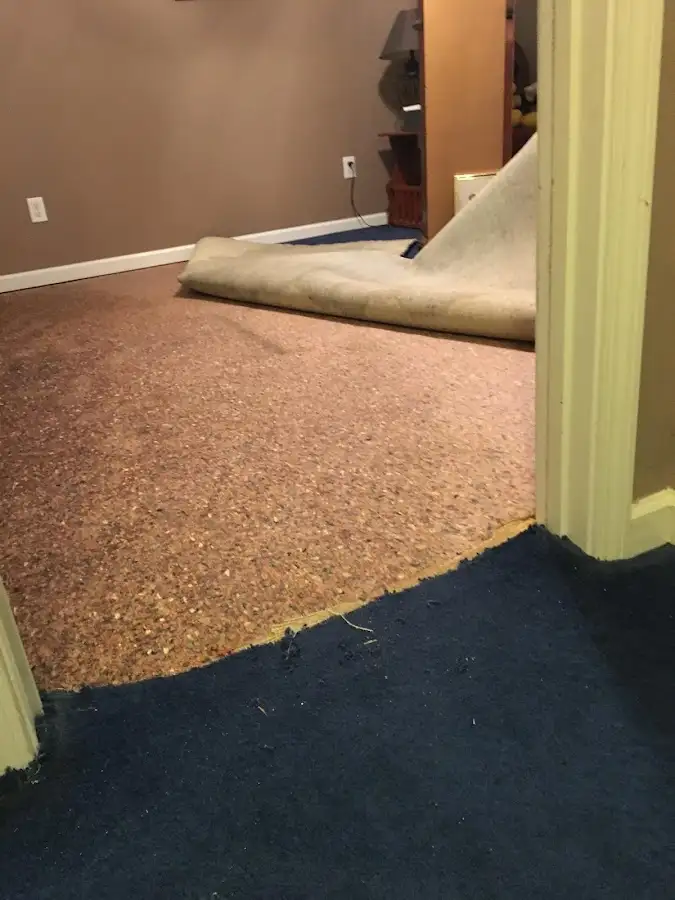 Carpet pad removal revealing water damage during Water Mitigation Services in Wright City
